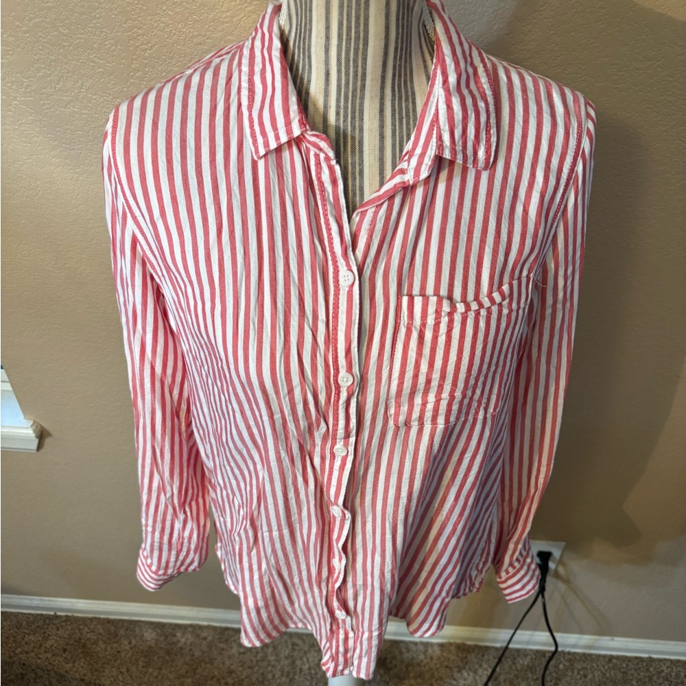 beachlunchlounge Shirt Medium Red White Striped Collared Button-Down Long-Sleev - Picture 3 of 13